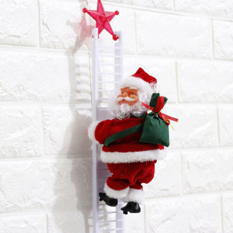 Papá Noel eléctrico subiendo una escalera blanca con estrella roja, decoración navideña