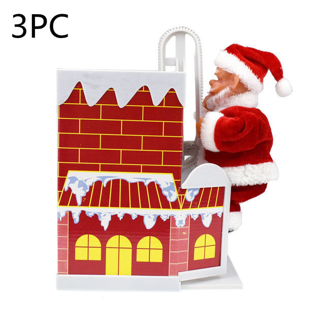 Papá Noel eléctrico trepando la chimenea decorativa con saco de regalos